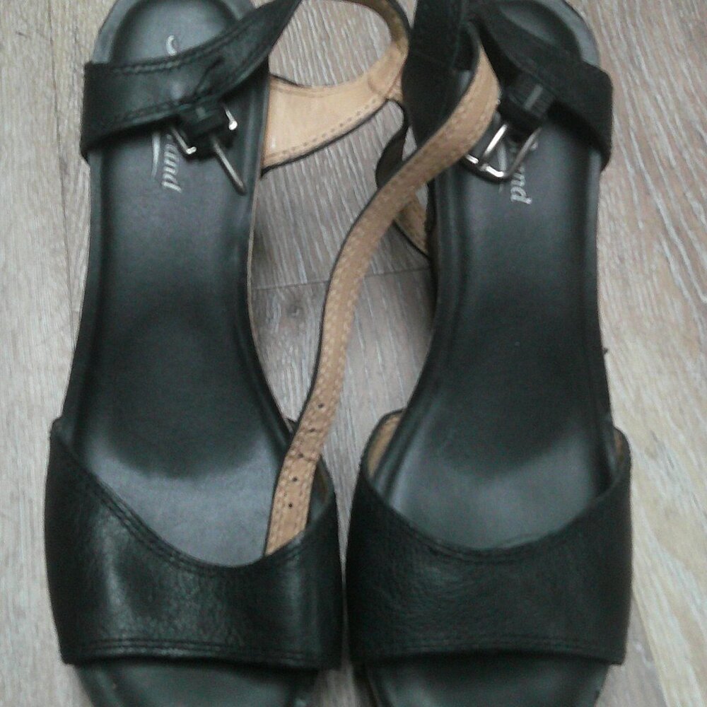 Lucky Brand Marshha Womens US 8M Black Leather Ankle Strap Wedge Heel Sandals